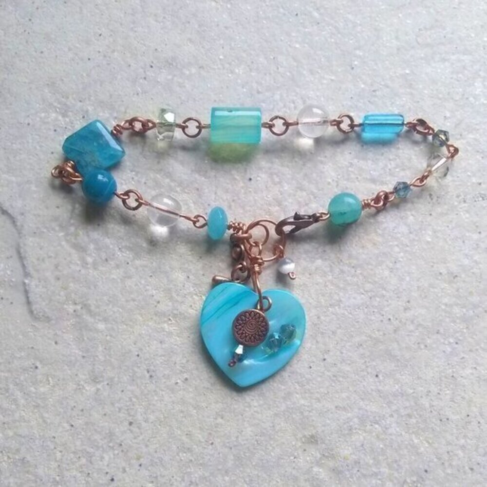 Eclectic Wire Wrapped Boho Beachy Bracelet! Aqua + Clear Gemstone + Crystal Bead